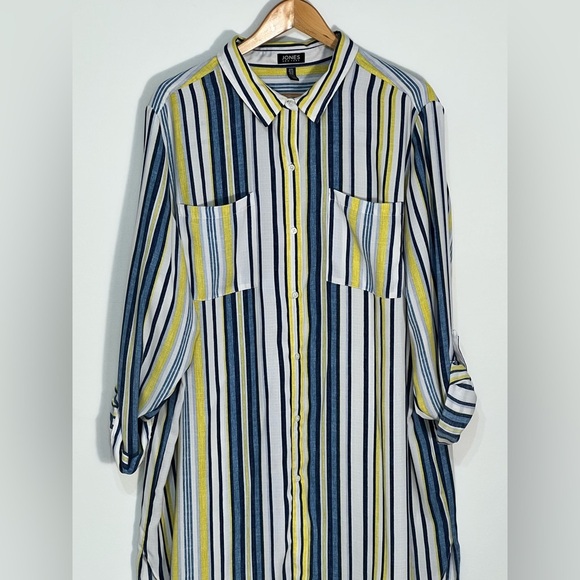 Jones New York Yellow Blue Striped Linen Button Up Tunic Blouse Size 3X - Picture 2 of 12